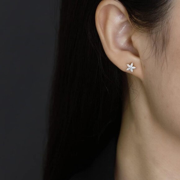 925 Sterling Silver Small Cubic Zirconia Flower Stud Earrings for Sensitive Ears - Picture 4 of 5
